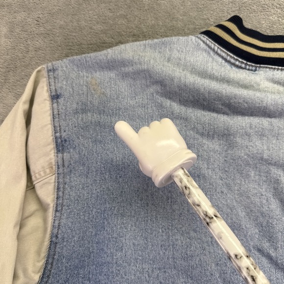 Vintage 90s Denim Varsity Bomber Jacket Large Tan Sleeves Quilt Lined Stone Wash - Picture 10 of 10